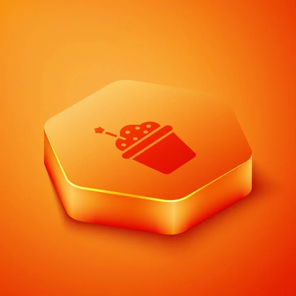 Isometric Cake Icon Isolated Orange Background Happy Birthday Orange Hexagon — Stock Vector