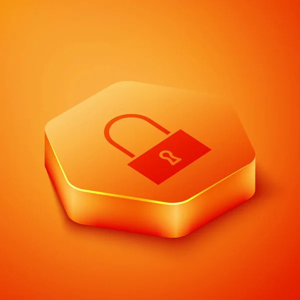 Isometrica Icona Blocco Isolato Sfondo Arancione Segno Del Lucchetto Sicurezza — Vettoriale Stock