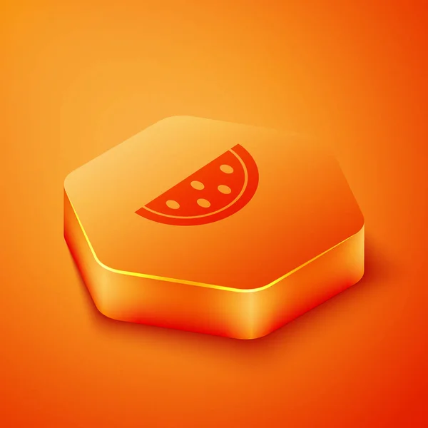 Isometric Watermelon Icon Isolated Orange Background Orange Hexagon Button Vector — Stock Vector