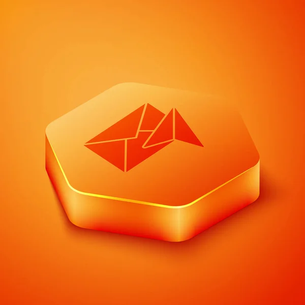 等距信封图标孤立在橙色背景 电子邮件信件符号 橙色六角形按钮 病媒图解 — 图库矢量图片