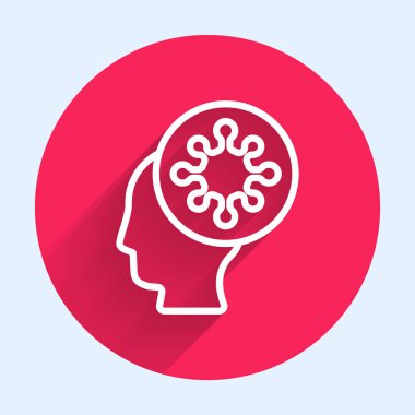 Beyaz çizgi insan ve virüs ikonu uzun gölgeli izole edilmiş. Corona virüsü 2019-nCoV. Bakteri ve mikroplar, hücre kanseri, mikrop, mantar. Kırmızı daire düğmesi. Vektör İllüstrasyonu