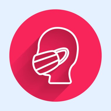 Beyaz Çizgili Adam 'ın yüzü, uzun gölgeli bir tıbbi koruyucu maske simgesiyle izole edilmiş. Karantinaya alın. Kırmızı daire düğmesi. Vektör İllüstrasyonu