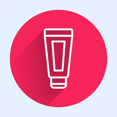 Beyaz çizgi krem ya da uzun gölgeli losyon kozmetik tüp ikonu. Erkekler için vücut bakım ürünleri. Kırmızı daire düğmesi. Vektör İllüstrasyonu