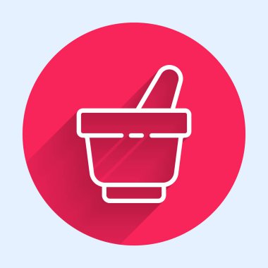 Beyaz çizgi havan ve tokmak ikonu uzun gölgeli izole edilmiş. Kırmızı daire düğmesi. Vektör İllüstrasyonu