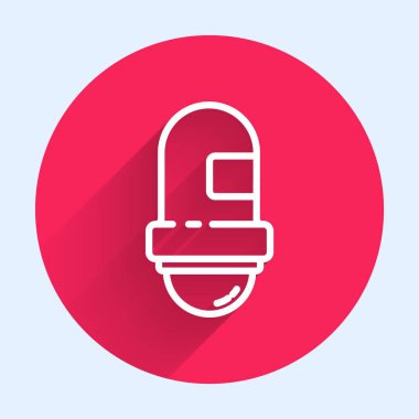 Beyaz çizgi anti-terletici deodorant rulo ikonu uzun gölgeli izole edilmiş. Vücut hijyeni için kozmetik. Kırmızı daire düğmesi. Vektör İllüstrasyonu