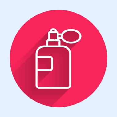 Uzun gölgeli beyaz çizgi parfüm ikonu. Kırmızı daire düğmesi. Vektör İllüstrasyonu