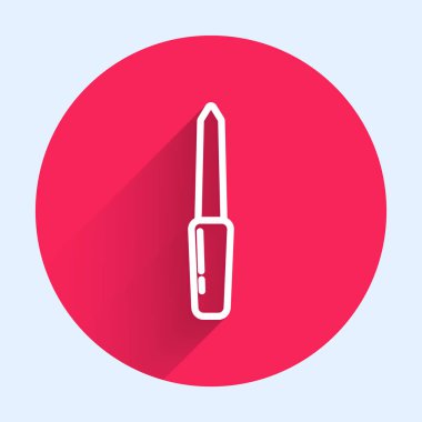 Uzun gölgeli beyaz çizgi tırnak dosya simgesi. Manikür aleti. Kırmızı daire düğmesi. Vektör İllüstrasyonu