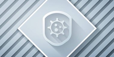 Kağıt kesiği kalkanları virüsten, mikroplardan ve bakteri simgesinden koruyor gri arka planda. Bağışıklık sistemi konsepti. Corona virüsü 2019-nCoV. Kağıt sanatı tarzı. Vektör İllüstrasyonu