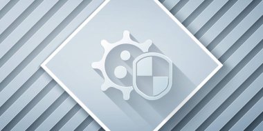 Kağıt kesiği kalkanları virüsten, mikroplardan ve bakteri simgesinden koruyor gri arka planda. Bağışıklık sistemi konsepti. Corona virüsü 2019-nCoV. Kağıt sanatı tarzı. Vektör İllüstrasyonu