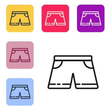 Siyah çizgi yüzme şortu beyaz arkaplanda izole edilmiş. Renkli kare düğmelerle simgeleri ayarla. Vektör İllüstrasyonu