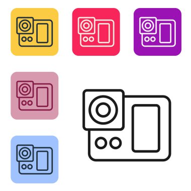 Siyah çizgi fotoğraf makinesi simgesi beyaz arkaplanda izole edildi. Fotoğraf makinesi simgesi. Renkli kare düğmelerle simgeleri ayarla. Vektör İllüstrasyonu