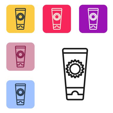 Beyaz arkaplanda izole edilmiş siyah çizgi güneş kremi ikonu. Cilt için güneş ultraviyole ışığından koruma. Renkli kare düğmelerle simgeleri ayarla. Vektör İllüstrasyonu