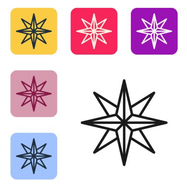 Beyaz zemin üzerinde siyah çizgi rüzgar gül ikonu izole. Seyahat için pusula simgesi. Navigasyon tasarımı. Renkli kare düğmelerle simgeleri ayarla. Vektör İllüstrasyonu