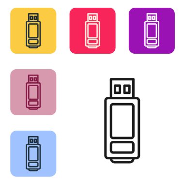 Siyah çizgi USB flash disk simgesi beyaz arkaplanda izole edildi. Renkli kare düğmelerle simgeleri ayarla. Vektör İllüstrasyonu
