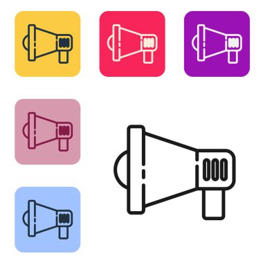 Siyah çizgi Megafon simgesi beyaz arkaplanda izole edildi. Sözcü işareti. Renkli kare düğmelerle simgeleri ayarla. Vektör İllüstrasyonu