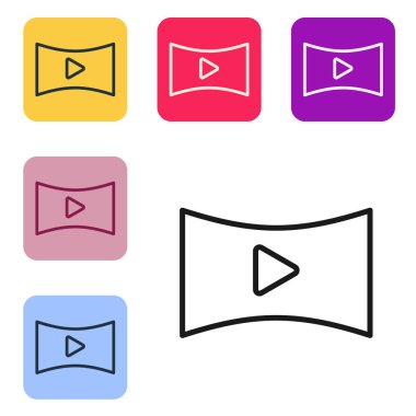 Siyah çizgi çevrimiçi video simgesi beyaz arkaplanda izole edildi. Oyun işaretli film şeridi. Renkli kare düğmelerle simgeleri ayarla. Vektör İllüstrasyonu