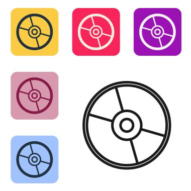 Beyaz arkaplanda siyah çizgi CD veya DVD disk simgesi izole edildi. Küçük disk işareti. Renkli kare düğmelerle simgeleri ayarla. Vektör İllüstrasyonu