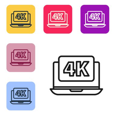 Beyaz zemin üzerinde 4k video teknolojisi simgesi olan siyah çizgi dizüstü ekran. Renkli kare düğmelerle simgeleri ayarla. Vektör İllüstrasyonu