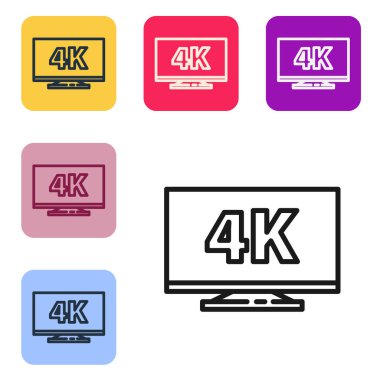 Beyaz zemin üzerinde 4k Ultra HD video teknolojisi ikonu bulunan siyah çizgi ekran televizyon. Renkli kare düğmelerle simgeleri ayarla. Vektör İllüstrasyonu