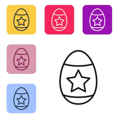 Siyah çizgi Paskalya yumurtası ikonu beyaz arka planda izole edilmiş. Mutlu Paskalyalar. Renkli kare düğmelerle simgeleri ayarla. Vektör İllüstrasyonu