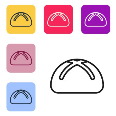 Beyaz arkaplanda siyah çizgi Paskalya pastası simgesi var. Mutlu Paskalyalar. Renkli kare düğmelerle simgeleri ayarla. Vektör İllüstrasyonu