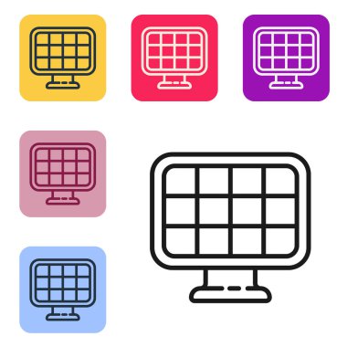 Siyah çizgi güneş enerjisi simgesi beyaz arkaplanda izole edildi. Renkli kare düğmelerle simgeleri ayarla. Vektör İllüstrasyonu