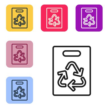 Beyaz zemin üzerinde geri dönüşüm simgesi olan siyah çizgi kağıt alışveriş torbası. Geri dönüşüm sembollü çanta. Renkli kare düğmelerle simgeleri ayarla. Vektör İllüstrasyonu
