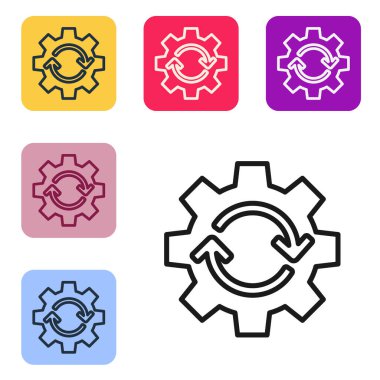 İş akışı konsepti simgesi olarak siyah çizgi dişlisi ve oklar beyaz arkaplanda izole edildi. Vites doldurma tabelası. Renkli kare düğmelerle simgeleri ayarla. Vektör İllüstrasyonu