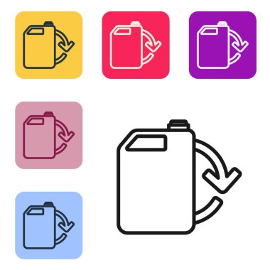 Beyaz arka planda siyah çizgi Eko yakıt kutusu ikonu izole edildi. Çevre biyolojisi ve namlusu. Yeşil çevre ve geri dönüşüm. Renkli kare düğmelerle simgeleri ayarla. Vektör İllüstrasyonu