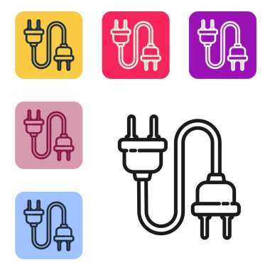Siyah çizgi elektrik prizi simgesi beyaz arkaplanda izole edildi. Bağlantı kavramı ve elektriğin kesilmesi. Renkli kare düğmelerle simgeleri ayarla. Vektör İllüstrasyonu