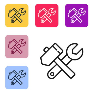Siyah çizgi çekiç ve ingiliz anahtarı simgesi beyaz arka planda izole edilmiş. Donanım aletleri. Renkli kare düğmelerle simgeleri ayarla. Vektör İllüstrasyonu