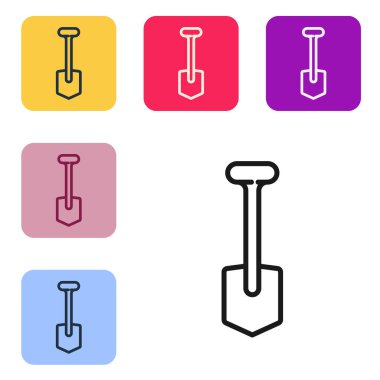 Siyah çizgi kürek simgesi beyaz arkaplanda izole edildi. Bahçe aletleri. Bahçecilik, tarım, çiftçilik aleti. Renkli kare düğmelerle simgeleri ayarla. Vektör İllüstrasyonu