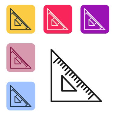 Siyah çizgi üçgen cetvel simgesi beyaz arkaplanda izole edildi. Düz sembol. Geometrik sembol. Renkli kare düğmelerle simgeleri ayarla. Vektör İllüstrasyonu