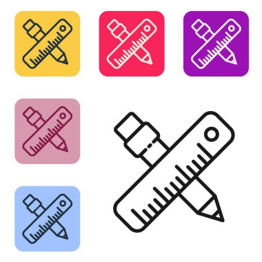 Siyah çizgi, beyaz arkaplanda izole edilmiş cetvel ve kalem simgesi. Düz sembol. Çizim ve eğitim araçları. Renkli kare düğmelerle simgeleri ayarla. Vektör İllüstrasyonu