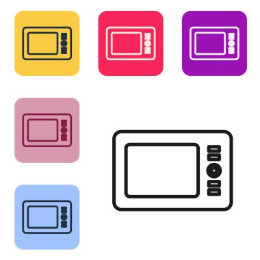 Beyaz arkaplanda siyah çizgi grafik tableti simgesi izole edildi. Renkli kare düğmelerle simgeleri ayarla. Vektör İllüstrasyonu