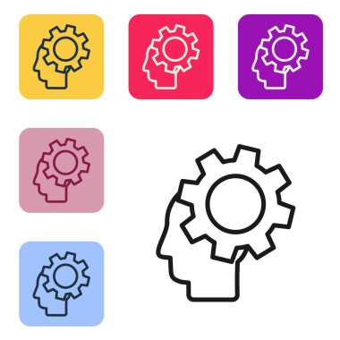 Siyah çizgi insan kafası ve beyaz arka planda izole edilmiş ikon içerisindeki dişliler. Yapay zeka. Düşünen beyin. Beynin sembol çalışması. Renkli kare düğmelerle simgeleri ayarla. Vektör İllüstrasyonu