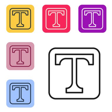 Beyaz arkaplanda siyah satır metin simgesi izole edildi. Renkli kare düğmelerle simgeleri ayarla. Vektör İllüstrasyonu