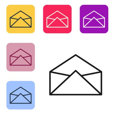 Siyah çizgi Zarf simgesi beyaz arkaplanda izole edildi. E- posta mektup sembolü. Renkli kare düğmelerle simgeleri ayarla. Vektör İllüstrasyonu