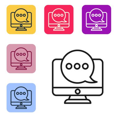 Beyaz arkaplanda izole edilmiş monitör simgesindeki siyah çizgi Yeni sohbet mesajları bildirimi. Smartphone sohbet mesajları konuşma baloncukları. Renkli kare düğmelerle simgeleri ayarla. Vektör İllüstrasyonu