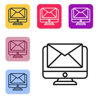 Siyah hat monitörü ve zarf, yeni mesaj, beyaz arkaplanda izole edilmiş posta simgesi. E-posta bültenleri, başlıklar, blog yazıları için kullanım. Renkli kare düğmelerle simgeleri ayarla. Vektör İllüstrasyonu