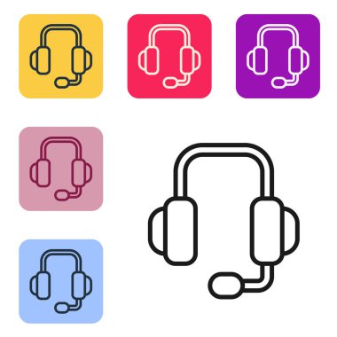 Siyah çizgi kulaklık simgesi beyaz arkaplanda izole edildi. Müşteri hizmetleri, yardım hattı, çağrı merkezi, faq, bakım. Renkli kare düğmelerle simgeleri ayarla. Vektör İllüstrasyonu
