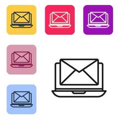 Zarflı siyah çizgi dizüstü bilgisayar ve açık e- posta ekrandaki simge beyaz arkaplanda izole edildi. E-posta pazarlama, internet reklamcılığı kavramları. Renkli kare düğmelerle simgeleri ayarla. Vektör İllüstrasyonu