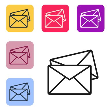 Siyah çizgi Zarf simgesi beyaz arkaplanda izole edildi. E- posta mektup sembolü. Renkli kare düğmelerle simgeleri ayarla. Vektör İllüstrasyonu