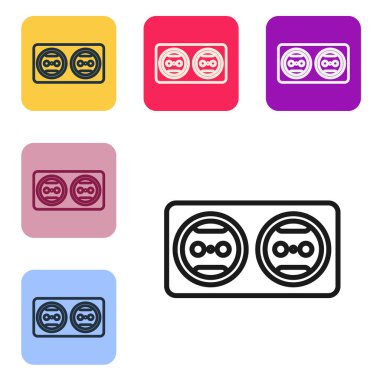 Siyah çizgi elektrik çıkış simgesi beyaz arkaplanda izole edildi. Elektrik prizi. Rosette sembolü. Renkli kare düğmelerle simgeleri ayarla. Vektör İllüstrasyonu