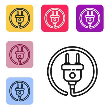 Siyah çizgi elektrik prizi simgesi beyaz arkaplanda izole edildi. Bağlantı kavramı ve elektriğin kesilmesi. Renkli kare düğmelerle simgeleri ayarla. Vektör İllüstrasyonu