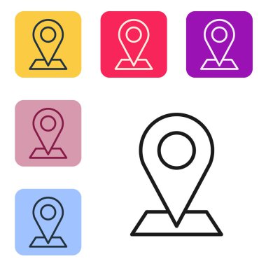 Siyah çizgi harita pin simgesi beyaz arkaplanda izole edildi. Navigasyon, işaret, konum, harita, GPS, yön, yer, pusula, arama konsepti. Renkli kare düğmelerle simgeleri ayarla. Vektör İllüstrasyonu