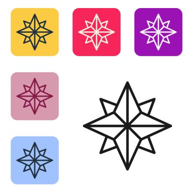 Beyaz zemin üzerinde siyah çizgi rüzgar gül ikonu izole. Seyahat için pusula simgesi. Navigasyon tasarımı. Renkli kare düğmelerle simgeleri ayarla. Vektör İllüstrasyonu