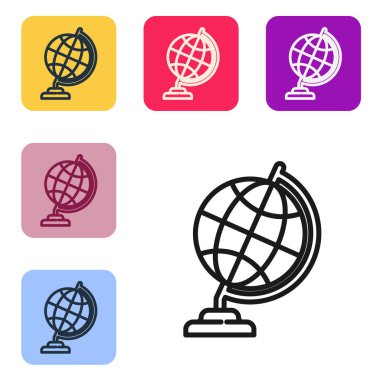 Siyah çizgi Dünya ikonu beyaz arka planda izole edilmiş. Renkli kare düğmelerle simgeleri ayarla. Vektör İllüstrasyonu
