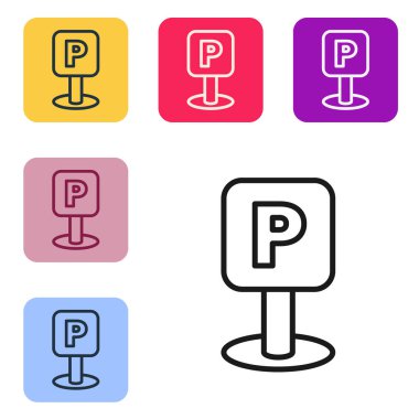 Beyaz arkaplanda siyah çizgi park simgesi izole edildi. Sokak tabelası. Renkli kare düğmelerle simgeleri ayarla. Vektör İllüstrasyonu