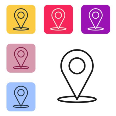 Siyah çizgi harita pin simgesi beyaz arkaplanda izole edildi. Navigasyon, işaret, konum, harita, GPS, yön, yer, pusula, arama konsepti. Renkli kare düğmelerle simgeleri ayarla. Vektör İllüstrasyonu